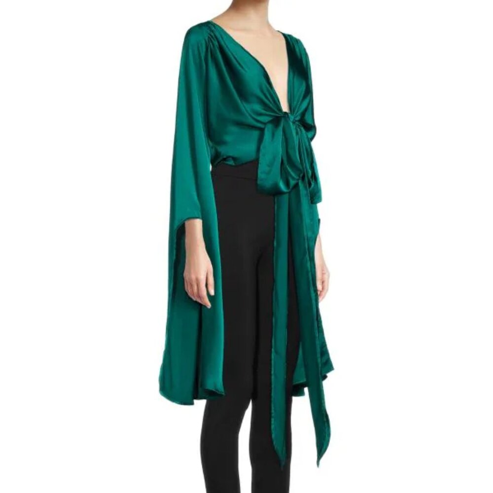 Green Satin Wrap or Tie Top with dramatic draped sleeves. Renee C. Size L